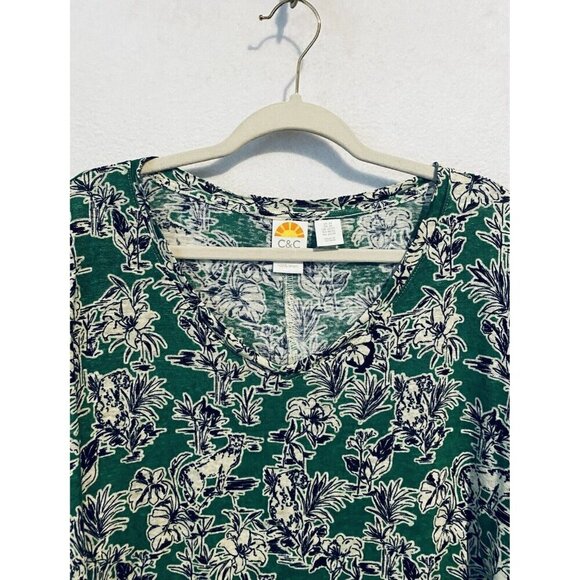 C and C California Top Women 2X Green Tropical Linen Floral Bobcat Jungle Boho - Picture 2 of 6